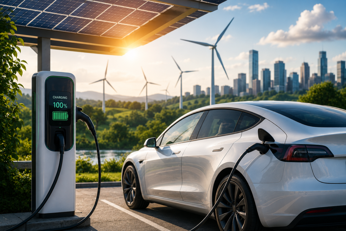 Eco-friendly charging station at golden hour