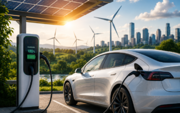 Eco-friendly charging station at golden hour